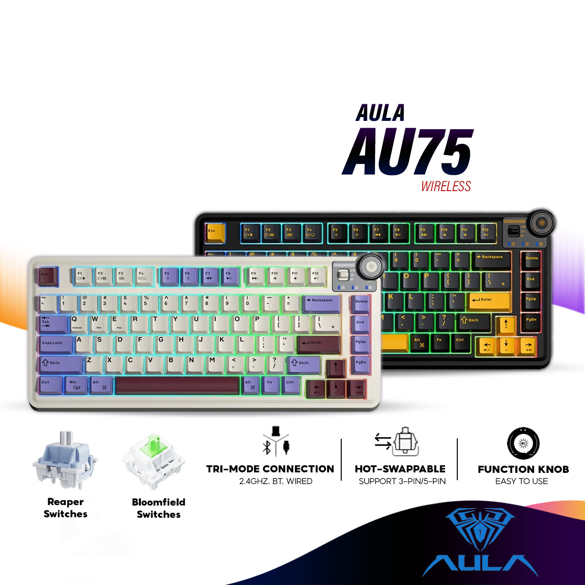AULA AU75 Wireless Mechanical Gaming Keyboard with RGB Light, Tri-Mode ...