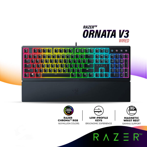 Razer Ornata V3 Wired Low-profile Mecha-Membrane RGB Keyboard with UV-Coated Keycaps, Magnetic Wrist Rest, Chroma RGB
