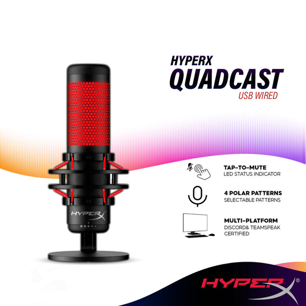 HyperX QuadCast Condender USB Microphone with Built-In Shock Mount, Tap-to-Mute Sensor, 4 Selectable Polar Patterns