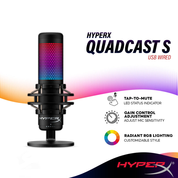 HyperX QuadCast S USB Microphone with RGB Lighting, NGENUITY Software, Tap-to-Mute Sensor with LED indicator, Four Polar
