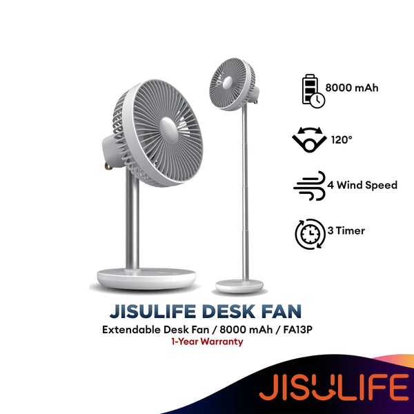 JISULIFE FA13P New Upgraded Oscillating Extendable Desk Fan 8000mAh Cordless Rechargeable - White