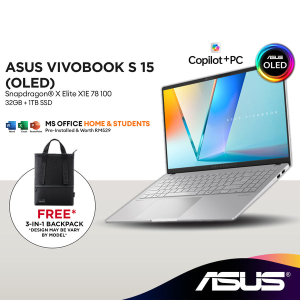 ASUS Vivobook S 15 (S5507)｜Snapdragon® X Elite X1E-78-100 Processor/45 TOPS/32GB RAM/1TB SSD/ 15.6 3K OLED/ 120Hz /1.42k