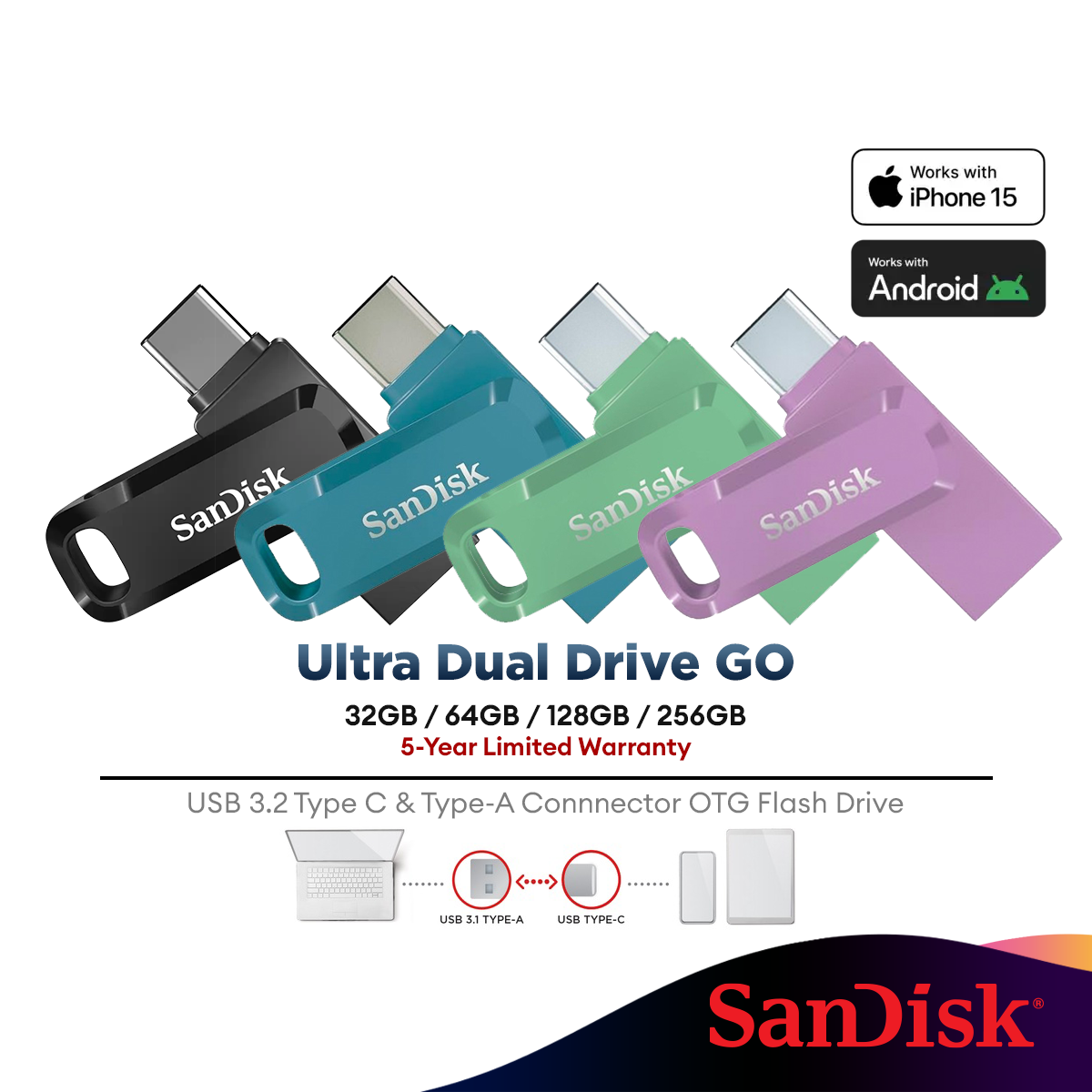 Sandisk Ultra Dual Go OTG Drive USB Type-C ( Black / Blue / Purple / G ...