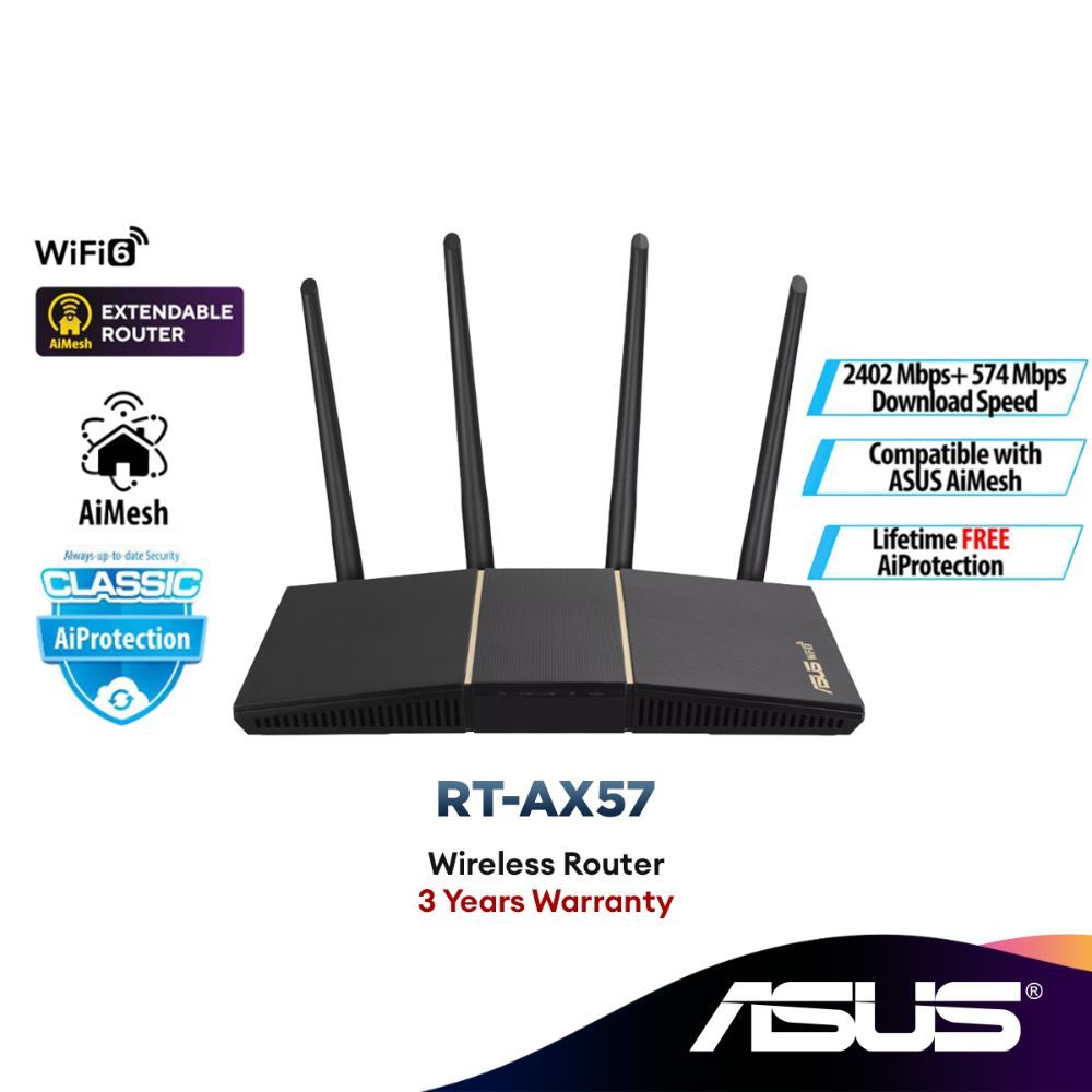 Asus RT-AX57 (AX3000) Dual Band WiFi 6 Extendable Router, Subscription ...