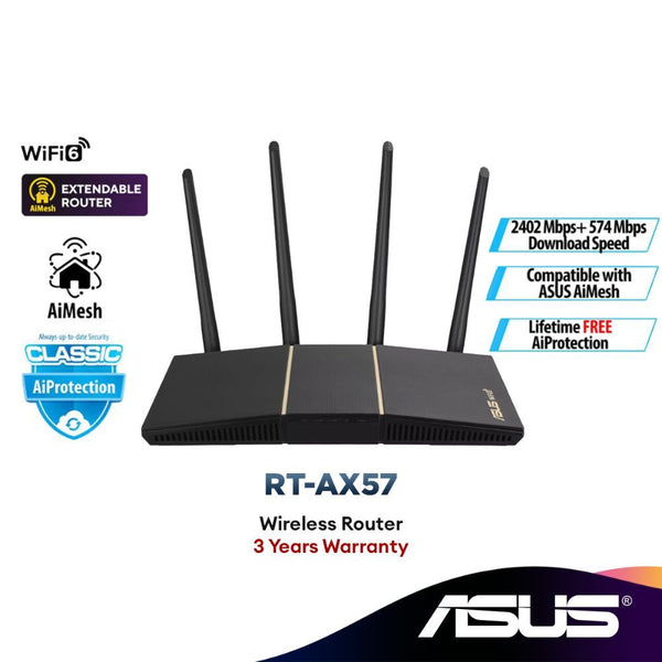 Asus RT-AX57 (AX3000) Dual Band WiFi 6 Extendable Router, Subscription-free Network Security, Instant Guard, Advanced Parental Controls, Built-in VPN, AiMesh Compatible, Gaming & Streaming, Smart Home