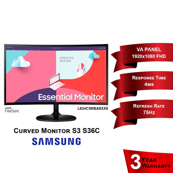 Samsung 24" LS24C360EAEXXS S3 S36C Series (FHD/VA/75Hz/4ms) AMD FreeSync LED Essential Curved Monitor