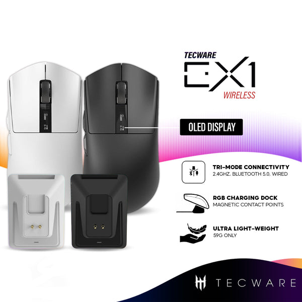 TECWARE EX1 Lightweight Wireless Gaming Mouse with Tri-Mode Connectivity, RGB Charging Dock, PixArt PAW3395 Sensor, OLED