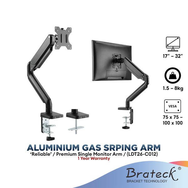 Brateck Bracket 17"-32" Single Monitor Aluminum Gas Spring Arm Up To 8kg / Monitor Arm (LDT26-C012)