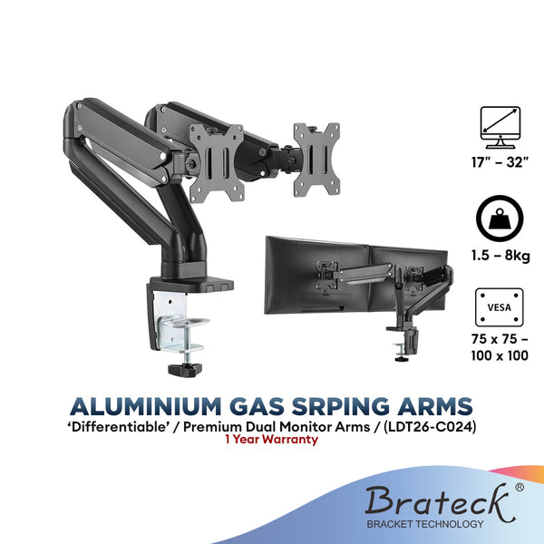 Brateck Bracket 17"-32" Dual Monitor Aluminum Gas Spring Arm Up To 8kg / Monitor Arm (LDT26-C024)