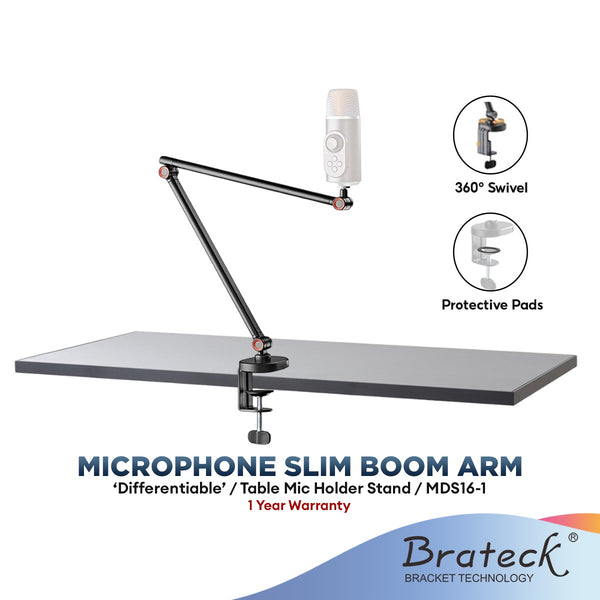 Brateck Slim Microphone Boom Arm | Full Motion Desktop Table Mic Holder / Stand Arm Clamp Mount (MDS16-1)