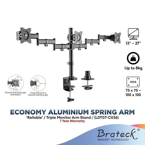 Brateck Bracket 13"-27" Triple Economical Monitor Aluminium Spring Arms Up To 8kg (LDT07-C036)