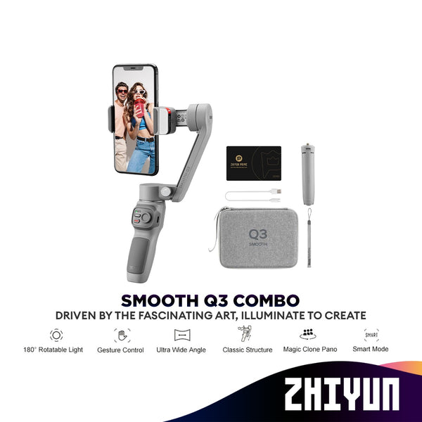 ZHIYUN Smooth-Q3 Combo Gimbal Stabilizer for Smartphone, 3-Axis Handheld Gimble Stick With Tripod Stand LED Fill Light