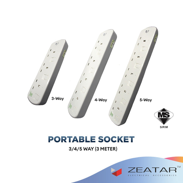 Zeatar Portable Socket 3 / 4 / 5 Way Surge 3M SIRIM Approved - Z313 / Z314 / Z315 Grey