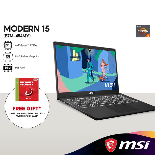 MSI Modern 15 B7M-484MY 15.6" FHD Laptop (AMD Ryzen™ 5 7430U | 8GB | 512GB SSD |  AMD Radeon™ Graphics | H&S | W11)