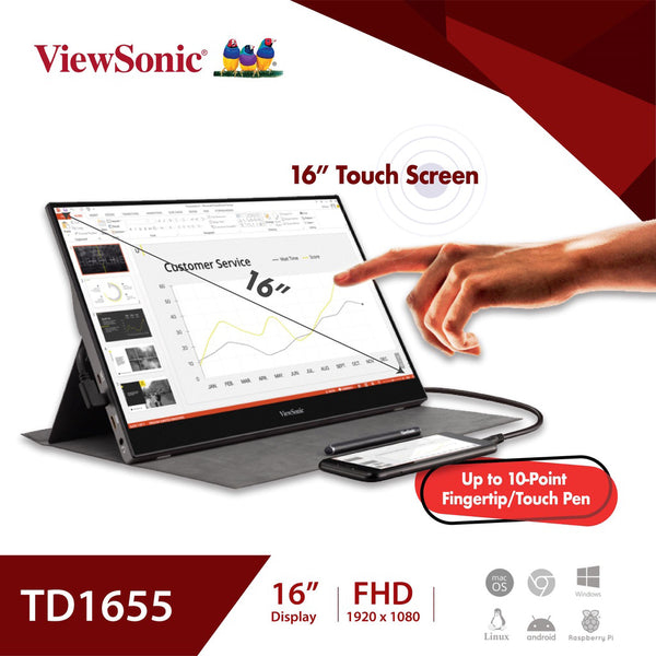 Viewsonic 16" TD1655 Full HD IPS 60Hz 6.5ms Portable Type-C Touch Screen LCD Monitor