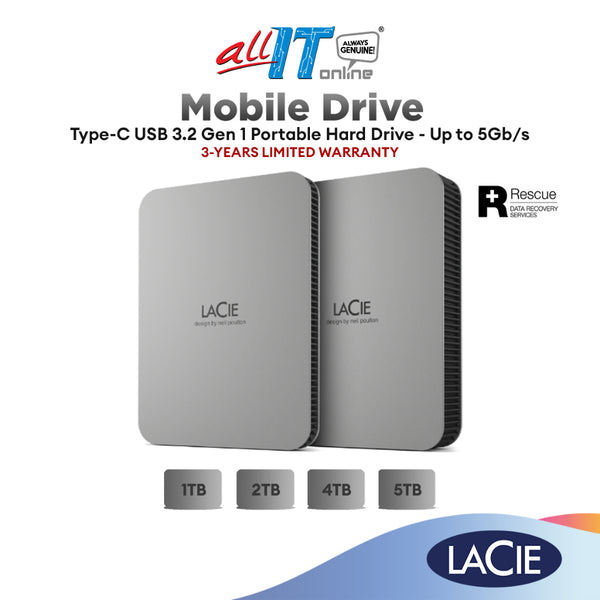 LaCie Moon Silver 1TB/2TB/4TB/5TB Mobile Drive  V2 USB-C with rescue 2.5 External Hard Drive Portable HDD