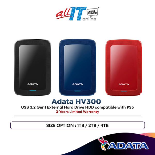 Adata HV300 1TB / 2TB / 4TB USB 3.2 Gen1 External Hard Drive HDD compatible with PS5