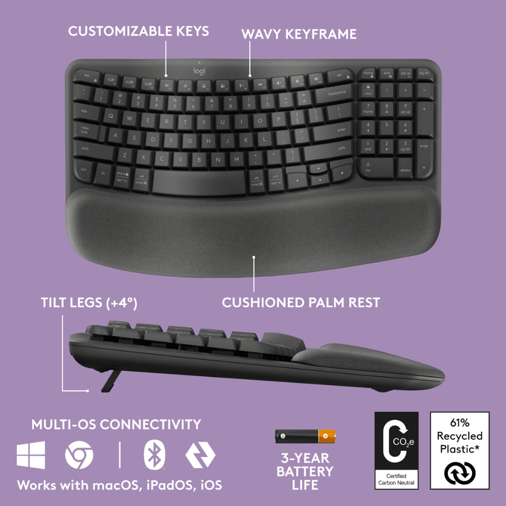 Logitech Wave Keys Wireless Ergonomic Keyboard with Cushioned Palm Res ...
