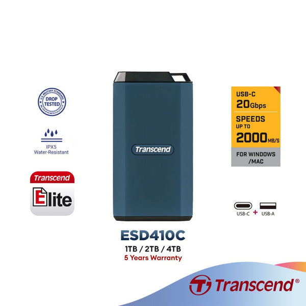 Transcend ESD410C Portable SSD USB-C 20Gbps Dark Blue ( 1TB / 2TB / 4TB ) IPX5 Water-Resistant & US Military Drop-Test