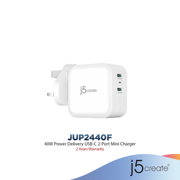 j5Create 40W Power Delivery USB-C 2-Port Mini Charger (JUP2440F)