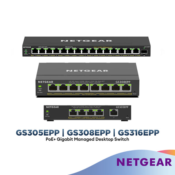 Netgear GS305EPP 5-Port (120W) | GS308EPP 8-Port (123W) | GS316EPP 16-Port (231W) PoE+ Gigabit Managed Desktop Switch