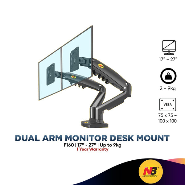 NB North Bayou F160 17 - 27 Inch Gas Strut Dual Arm Monitor Desk Mount