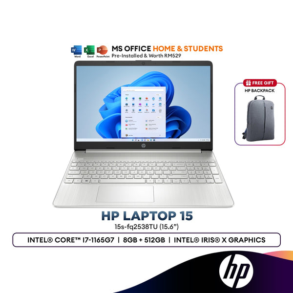 HP 15 15S-FQ2538TU 15.6" Laptop (Intel® Core™ i7-1165G7 | 8GB | 512GB SSD | Intel® Iris® Xᵉ | H&S)