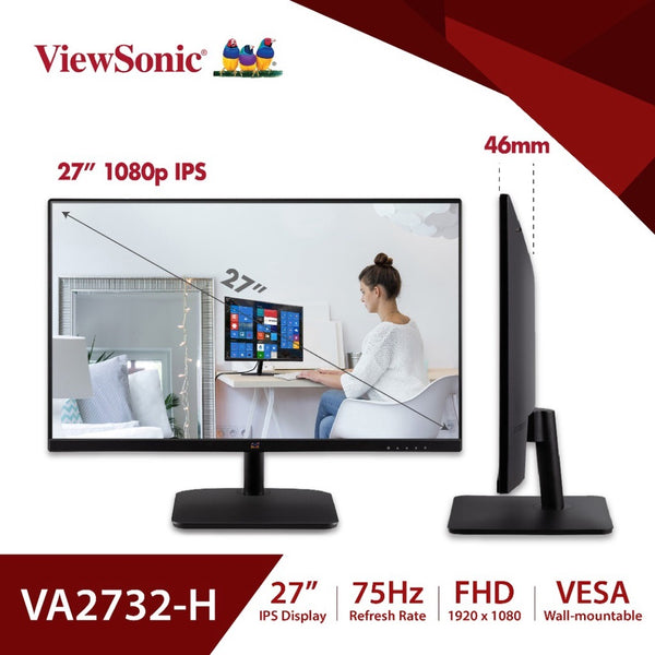 ViewSonic 27" VA2732-H Full HD IPS 75Hz 4ms Frameless Flat LED Monitor ( Input VGA + HDMI, VESA Mount )