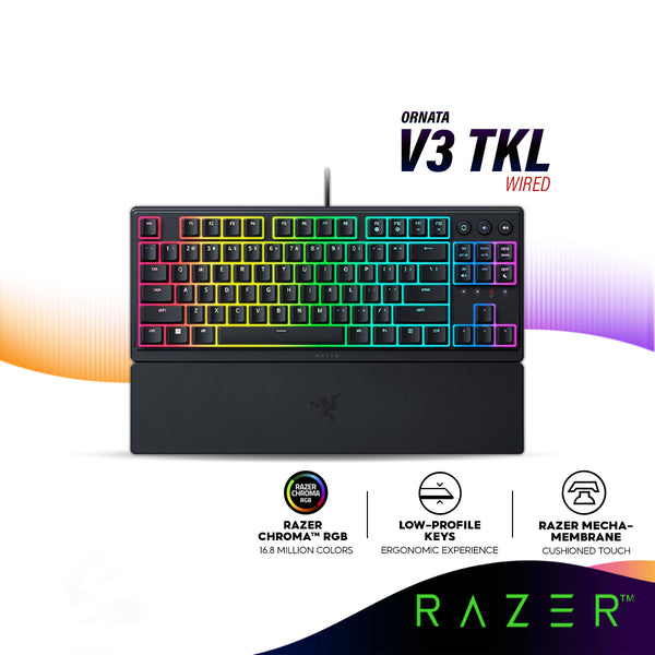 Razer Ornata V3 Tenkeyless / TKL Low-Profile Gaming Mechanical Membrane Wired Keyboard | Mecha-Membrane Switches - Black