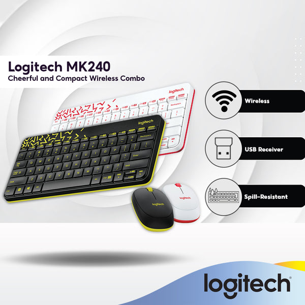Logitech MK240 Wireless Keyboard & Mouse Combo with USB Nano Receiver - Black / White