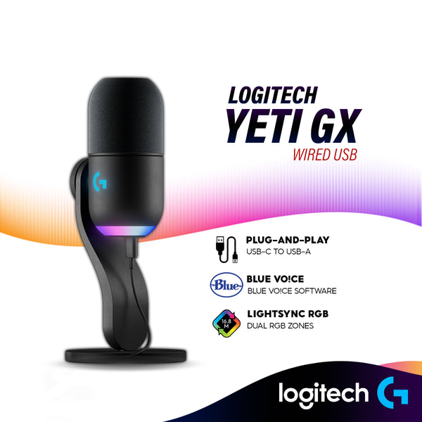 Logitech YETI GX Dynamic RGB Gaming Microphone with LIGHTSYNC RGB, Dynamic Supercardioid Mic Capsule, Smart Audio Lock
