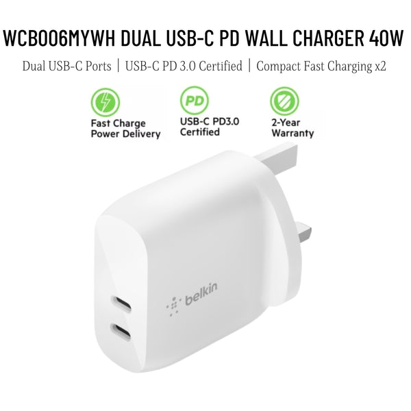 BELKIN WCB006MYWH BOOST‚ CHARGE PD20W Dual USB-C PD 3.0 Wall Charger