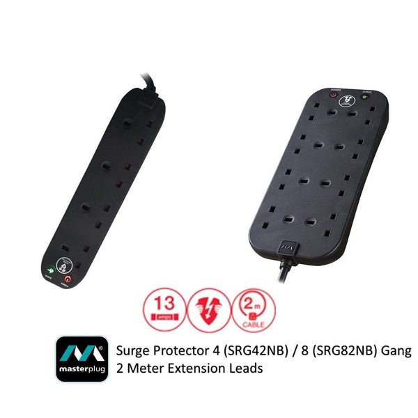 Masterplug Surge Protector 4 (SRG42NB) / 8 (SRG82NB) Gang  2 Meter Extension Leads