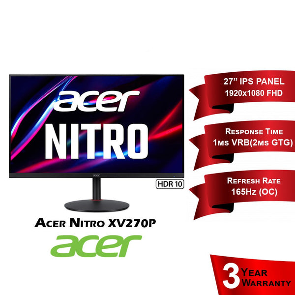 Acer Nitro XV270P 27" FHD IPS 165Hz 2ms (1ms VRB) FreeSync HDR10 Gaming Monitor