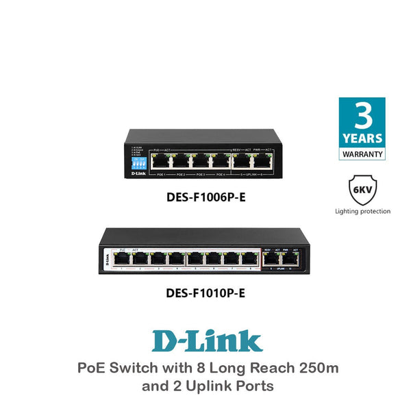 D-Link DES-F1006P-E / DES-F1010P-E 250M Distance PoE Switch and and 2 Uplink Ports for CCTV & IP Camera