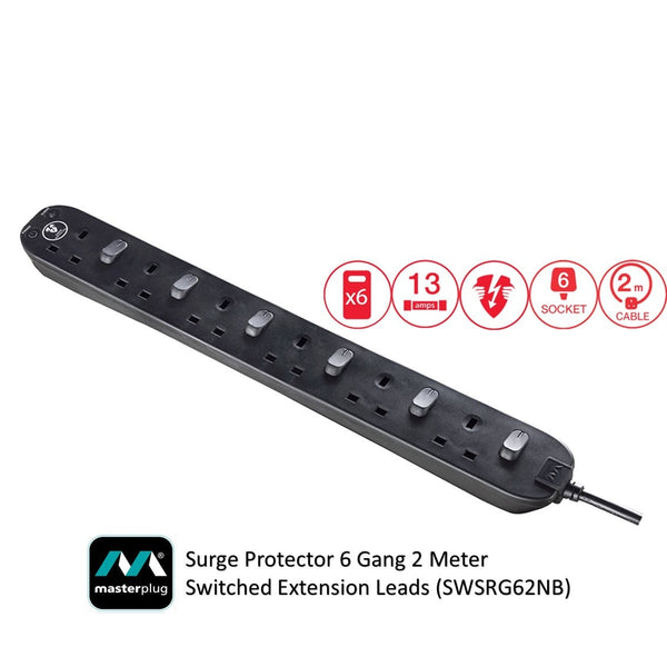 Masterplug Surge Protector 6 Gang 2 Meter Switched Extension Leads (SWSRG62NB)