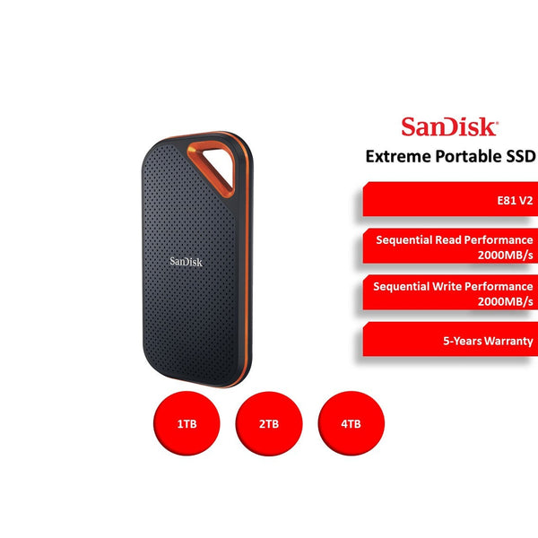 SanDisk Extreme Pro Portable SSD NVMe 2000MB/s (1TB/2TB/4TB) E81 USB3.2 Gen2 x2 Type-C V2 External Solid State Drive