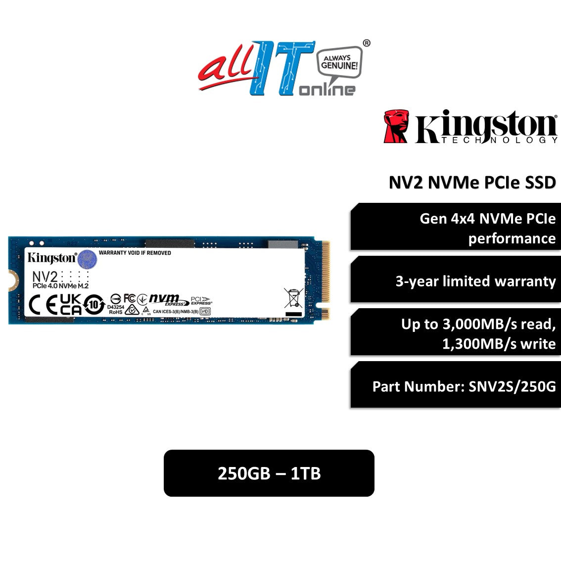 Kingston M.2 NV1/ NV2 NVMe PCIe Gen 3x4/ 4x4 M.2 2280 SSD (250GB/ 500G –  ALL IT Hypermarket