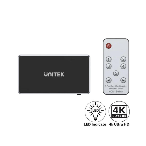 Unitek 4K HDMI Switch 5 In 1 Out Supports up to 4K Resolution with 5V 1A Power Cable (V1110A)