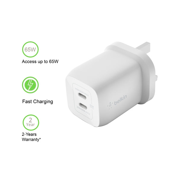 Belkin WCH013myWH 65W Dual USB-C Wall Charger (White)