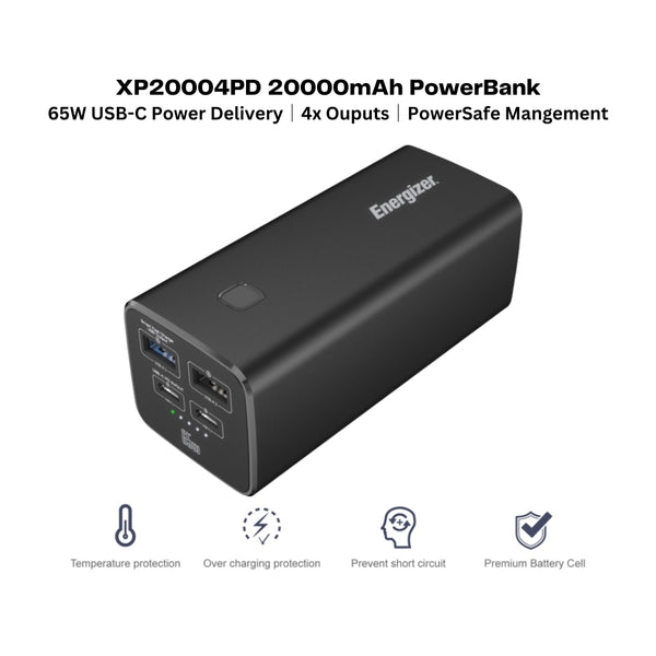 Energizer XP20004PD 20000mAh LithiumPolymer 65W USB-C Power Delivery with 4outputs suitable for Fast charge USB-C laptop