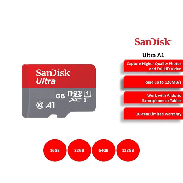 SanDisk Ultra A1 Class 10 Micro SD Memory Card - 32GB/64GB/128GB/256GB/400GB/512GB (120MB/s) (140MB/s) (SDSQUAR / SDSQUA4 / SDSQUAB / SDSQUAC)